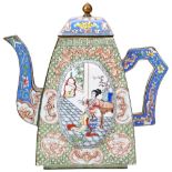 CANTON ENAMEL TEA POT LATE QING DYNASTY the sides decorated with opposing panels depicting an