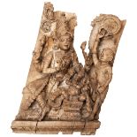 A FINE CARVED WOODEN ARCHITECTURAL RELIEF PANEL DEPICTING SHIVA AND GANESHA, SOUTHERN INDIAN,