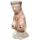 PAINTED POTTERY FIGURE OF A SLEEVE DANCER HAN DYNASTY (206BC-220AD) modelled kneeling wearing a long