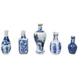 GROUP OF FIVE UNDERGLAZE-BLUE MINIATURE VASES QING DYNASTY, 18TH / 19TH CENTURY one with iron-red