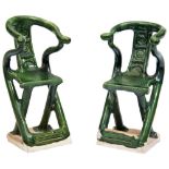 RARE PAIR OF GREEN-GLAZED POTTERY MODELS OF FOLDING CHAIRS MING DYNASTY (1368-1644) modelled as