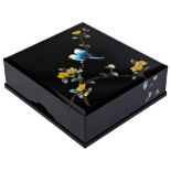 FINE JAPANESE LACQUER COVERED BOX MODERN finely inlaid in mother of pearl with two birds perched