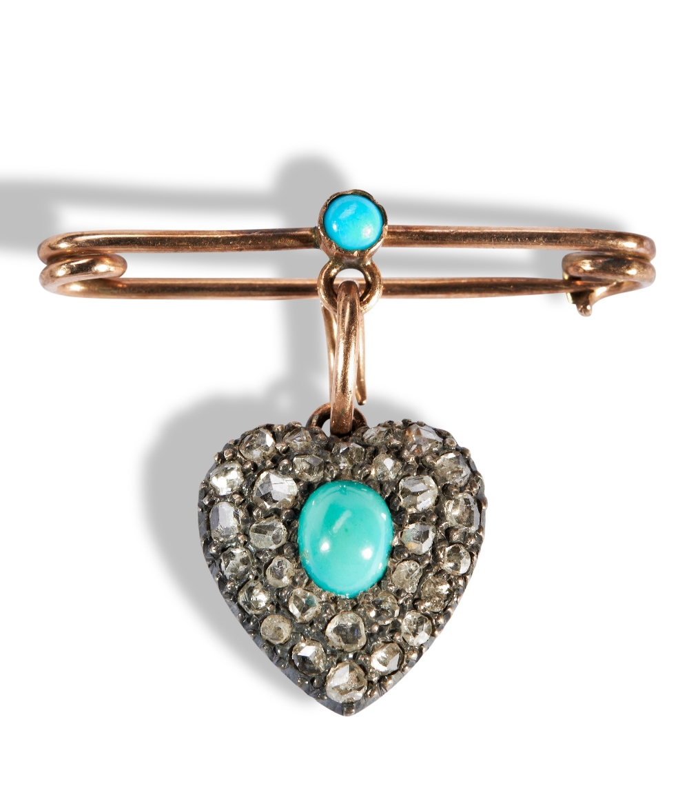 A VICTORIAN TURQUOISE, DIAMOND AND GOLD BAR BROOCH, CIRCA 1880 the oval cabochon-cut turquoise