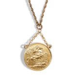 A RARE 1823 22CT GEORGE IIII DOUBLE SOVEREIGN ON 9CT CHAIN Weight 22ct 15.9gms, 9ct 9.4g