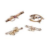 FOUR EDWARDIAN SEED PEARL BROOCHES,  including a butterfly, a dragon fly with amethyst, a bird,