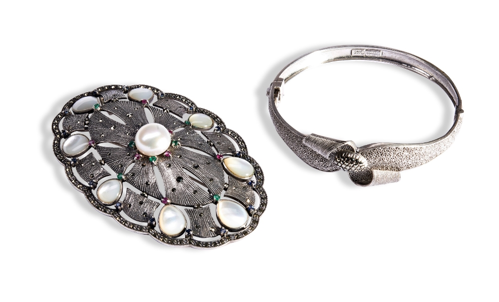 THEODORE FAHRNER BROOCH AND BANGLE a hinged bangle designed as a bow with marcasite  and filigree