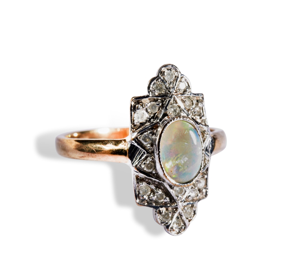 AN OPAL AND DIAMOND ART DECO STYLE RING the central oval opal cabochon collet set over a plaque - Image 2 of 3