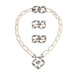A BELLE EPOQUE DIAMOND AND LATER CULTURED PEARL SET NECKLACE WITH TWO MATCHING DIAMOND BROOCHES