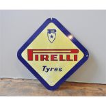 1960s PIRELLI TYRES ENAMEL SIGN British market sign in yellow with blue border and Pirelli logo in