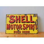 SHELL MOTOR SPIRIT ENAMEL SIGN Double-sided, in yellow with red lettering and flange for wall-