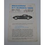 DOUBLE SIDED BROCHURE FOR BIZZARRINI 1900 MODELS Issued by Bizzarrini S.p.A. In italian, A4