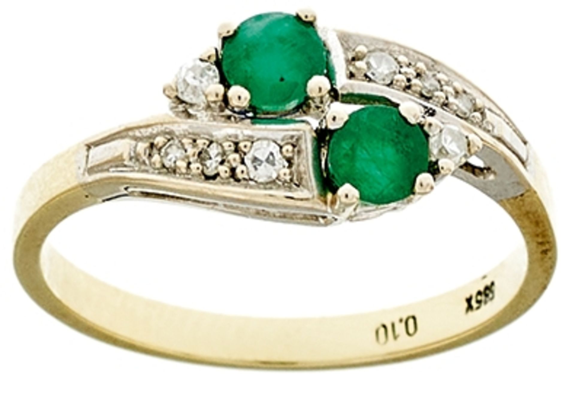 Emerald brilliant-cut diamonds ring, 585 Gold bicoloured, 2, 65 g, 8 vintage cut brilliant-cut
