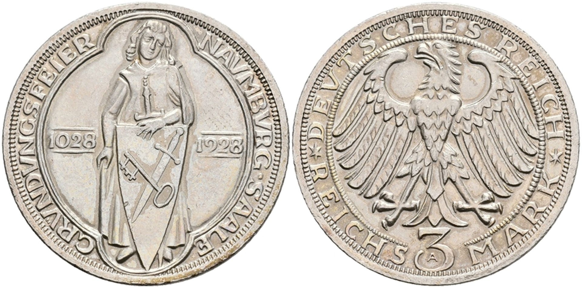 3 Reichsmark, 1928, Naumburg, kl. Rf., vz. J. 333.