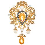 Precious Belle Époque brooch with diamonds, sapphires, pearls and drop-shaped Citrine. Diamonds in