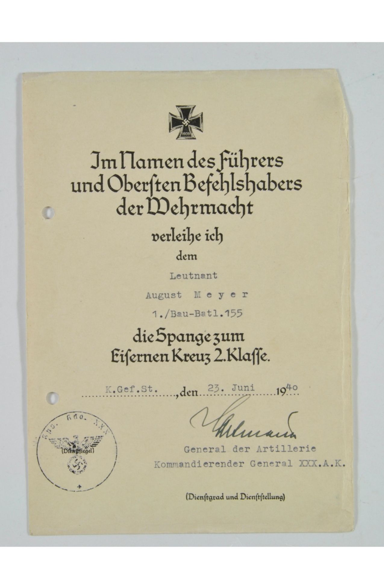 Verleihungsurkunde eines Leutnants des 1./Bau-Batl. 155 für die Spange zum Eisernen Kreuz 2. Klasse,