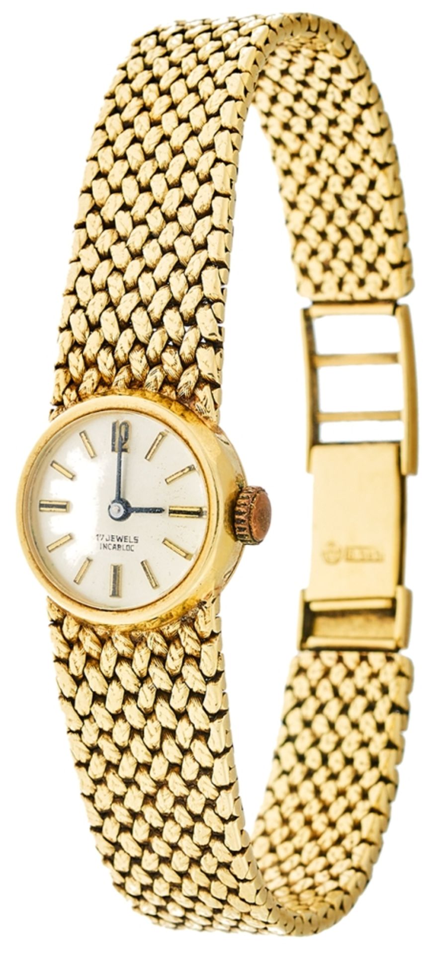 Damenarmbanduhr mit Milanaisekettenband. 1960er Jahre. Uhrengehäuse und Uhrenband 585er GG gestempel