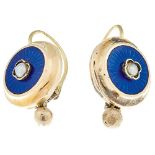 Fine Gold enamel earrings with small gray Nature pearls in four-pass setting, seeming Germany before