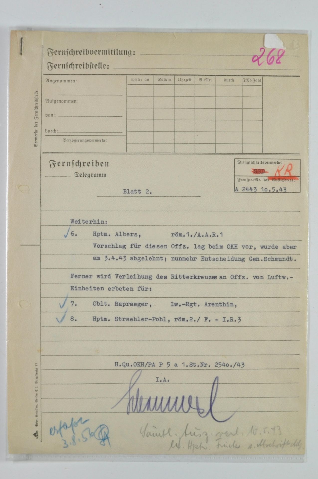 Fernschreiben Telegramm an den Chef-Adj. beim Führer Gen.Lt. Schmundt vom 10.5.43 mit der Bitte des