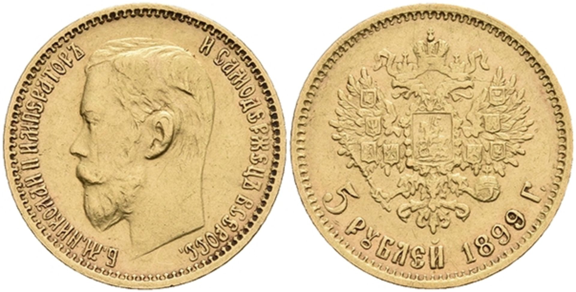 5 Rouble, Gold, 1899, Nikolaus II., Fb. 180, small edge nick, ss.