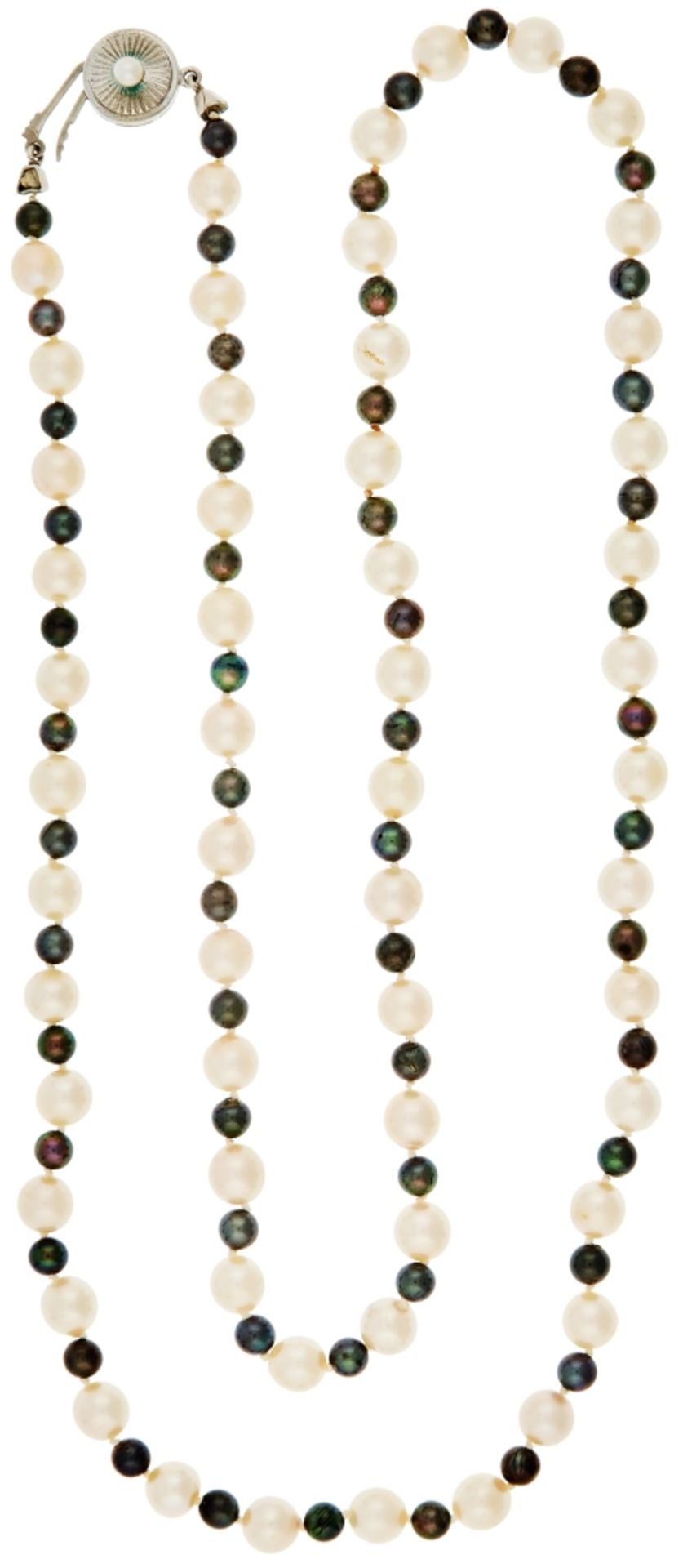 Bicolor-Zuchtperlenkette, Perlen einzeln geknotet, runde Schließe 835 Silber, punziert \JKa\, Perlen