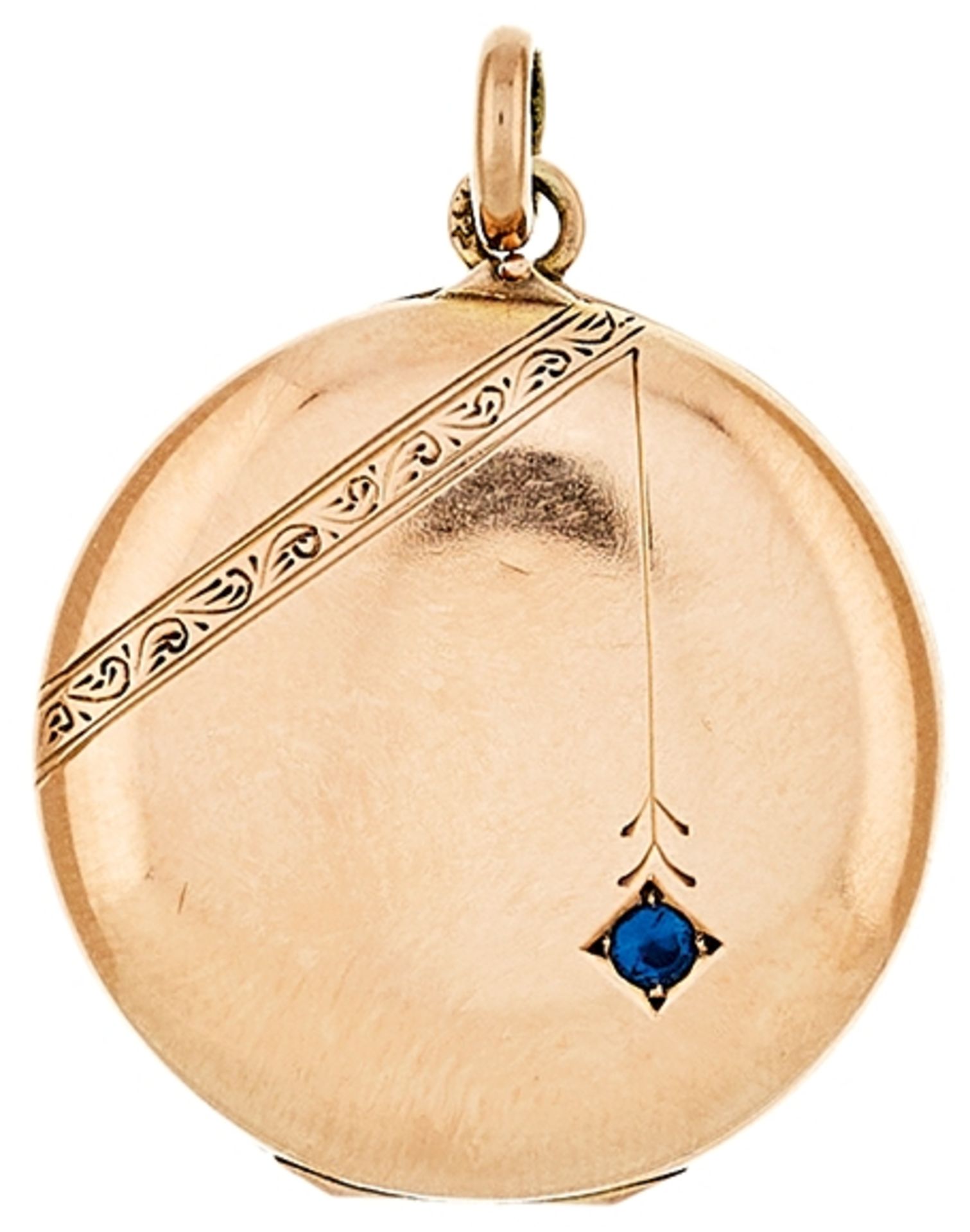 Art nouveau medallion with sapphire, 8 K yellow gold, 4, 9 g, Dm 26 mm.