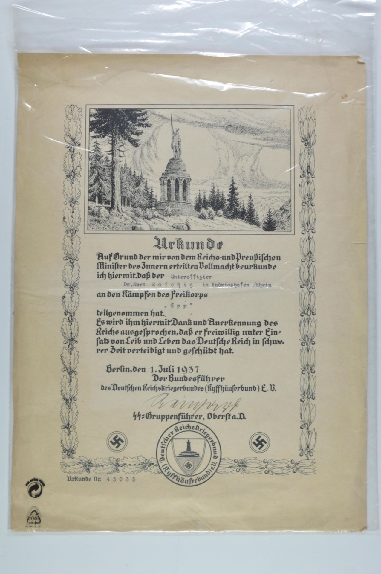 Großformatige Urkunde für die Teilnahme an den Kämpfen des Freikorps Ritter von Epp, datiert Berlin