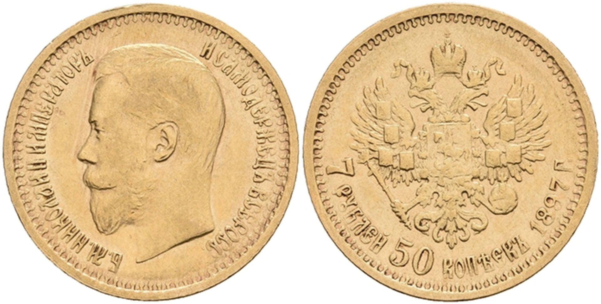 7 1/2 Rouble, Gold, 1897, Nikolaus II., Fb. 178, small edge nick, ss.