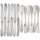 Set composed of six dining forks and six food knives with discreet floral decor at the shaft