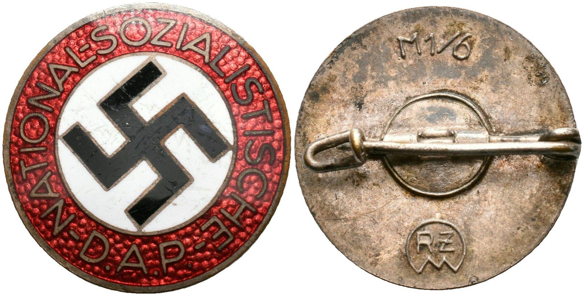 Nazi German worker party (NSDAP), member badges, 23 mm, enameled, reverse manufacturer \\M1 / 6\\