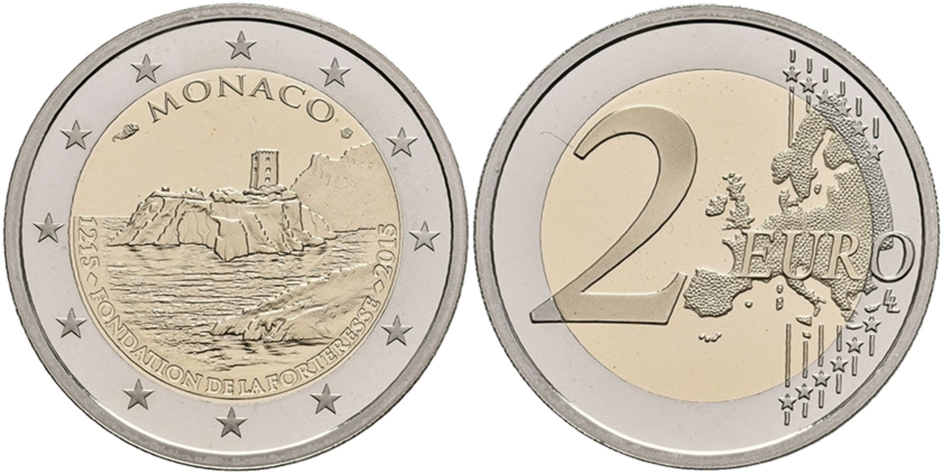 2 Euro, 2015, 800 Jahre Bau des ersten Schlosses auf dem Felsen von Monaco, in Kapsel, in Originalsc