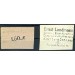 Kirchberg (Sachsen)  Ernst Landmann Großhandlung, 50 Pfennig und 1,5 Mark,  o. D., Fernsprechanschlu