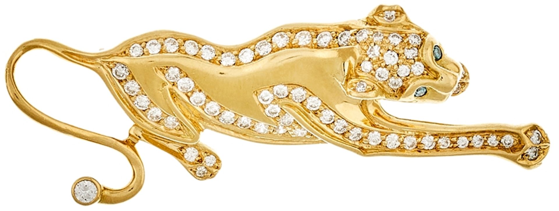 Diamant Smaragd Brosche \Puma\ im Stil von Cartier, 750 Gelbgold, 5,5x 2cm, 14,9g, Brillanten zus. c