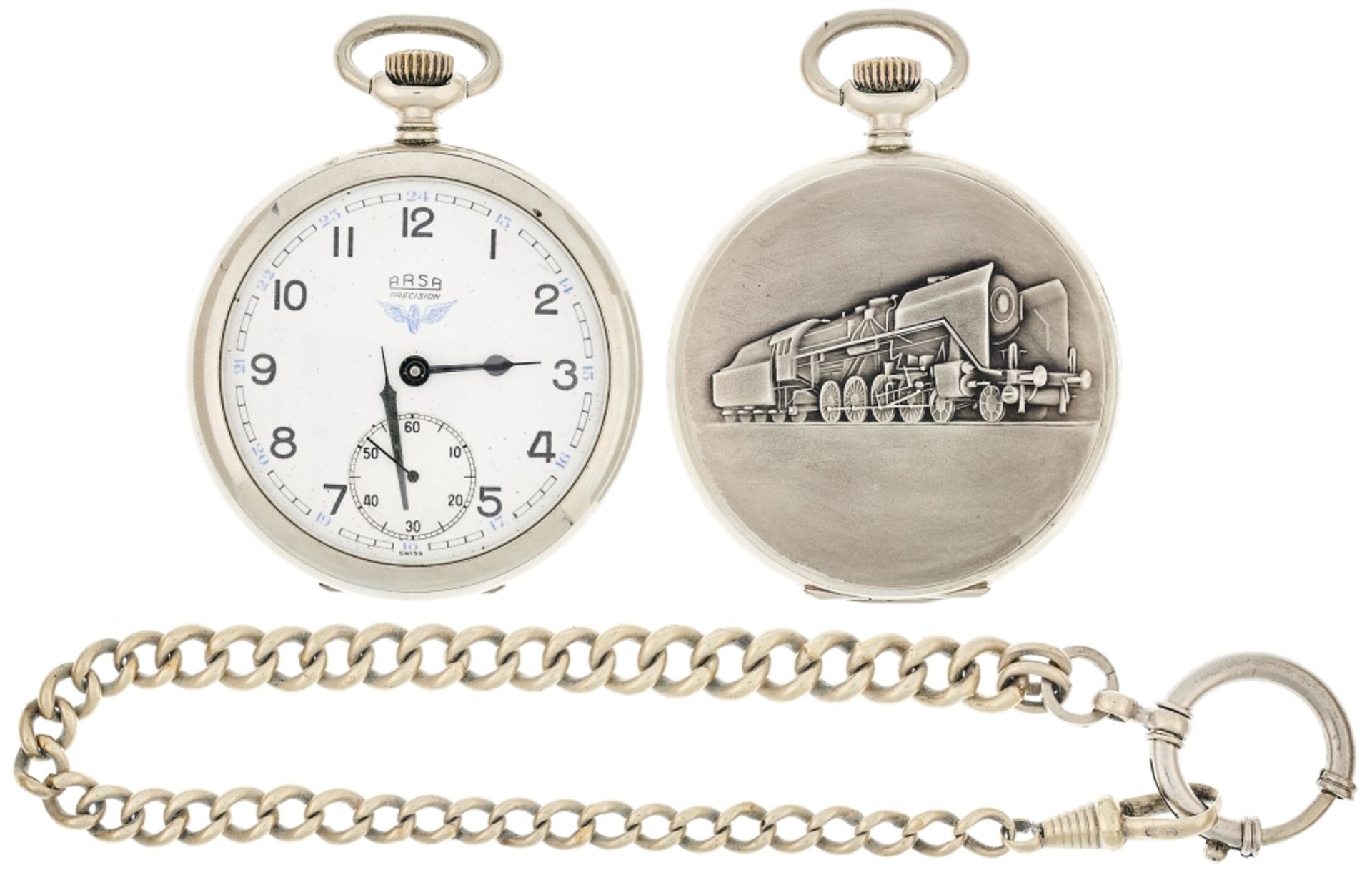 Man pocket watch of the company Arsa with separate second and on the back decor one locomotive in