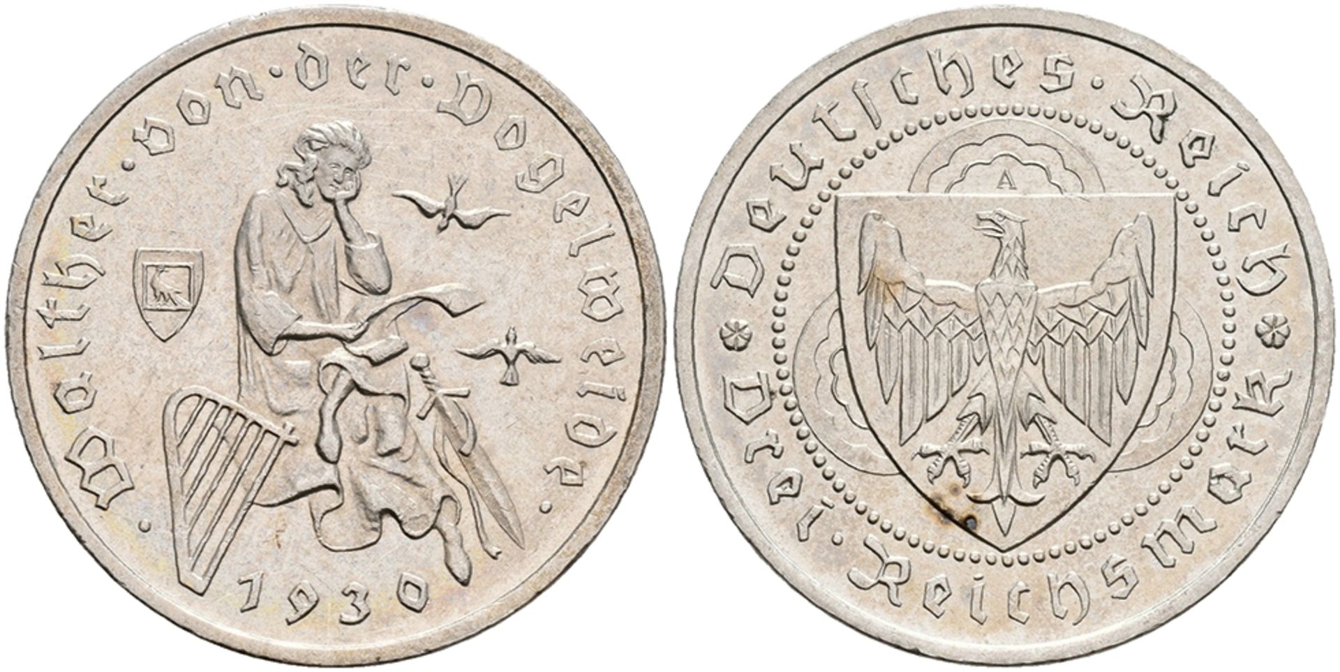 3 Reichsmark, 1930, A, Vogelweide, kl. Kr., kl. Rf., vz. J. 344.