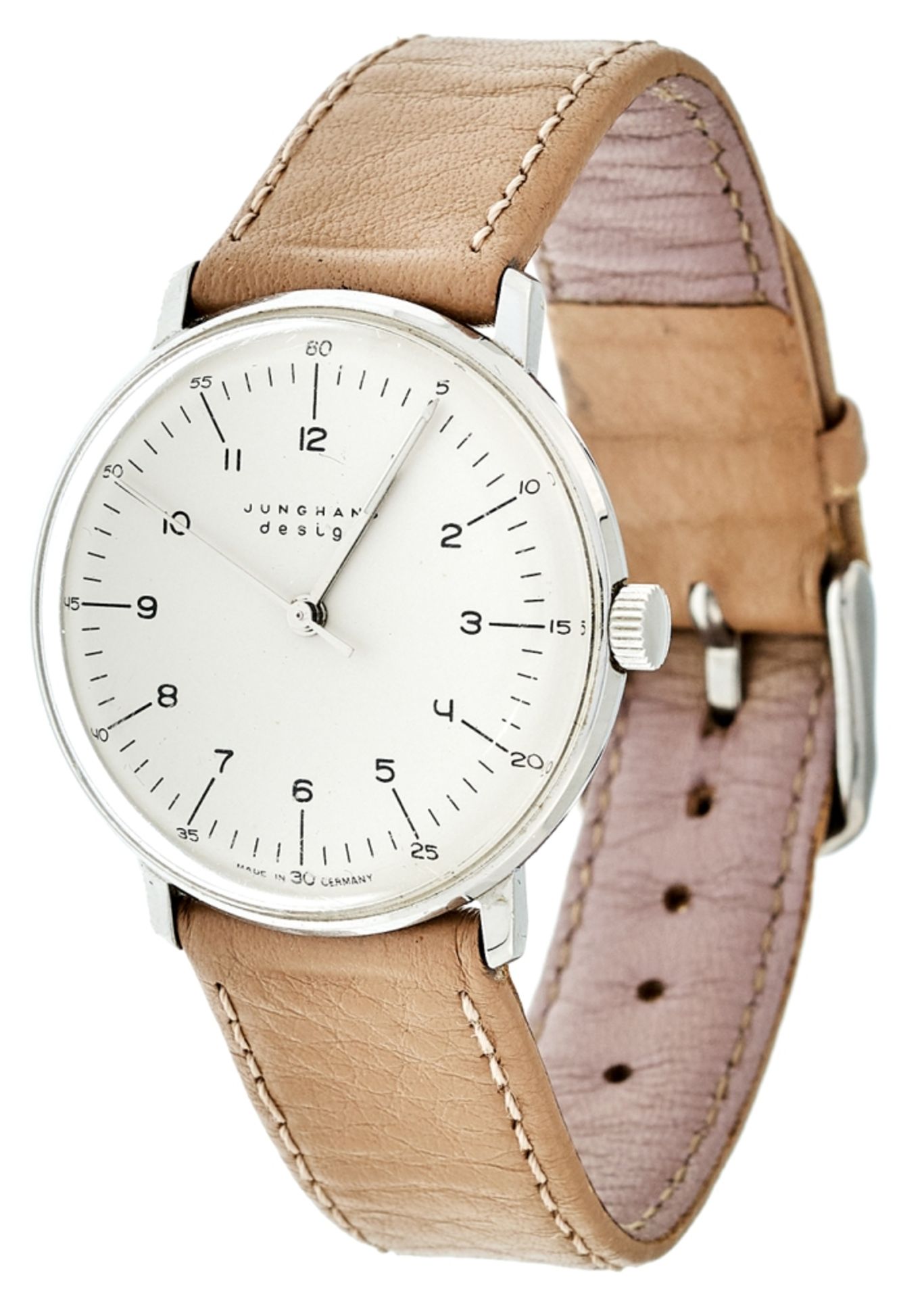 Junghans Max Bill gentlemen wrist watch. Approximate 38 mm, steel, hard plexiglass with crack