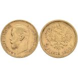 5 Rouble, Gold, 1898, Nikolaus II., St. Petersburg, Fb. 180, small edge nick, ss.
