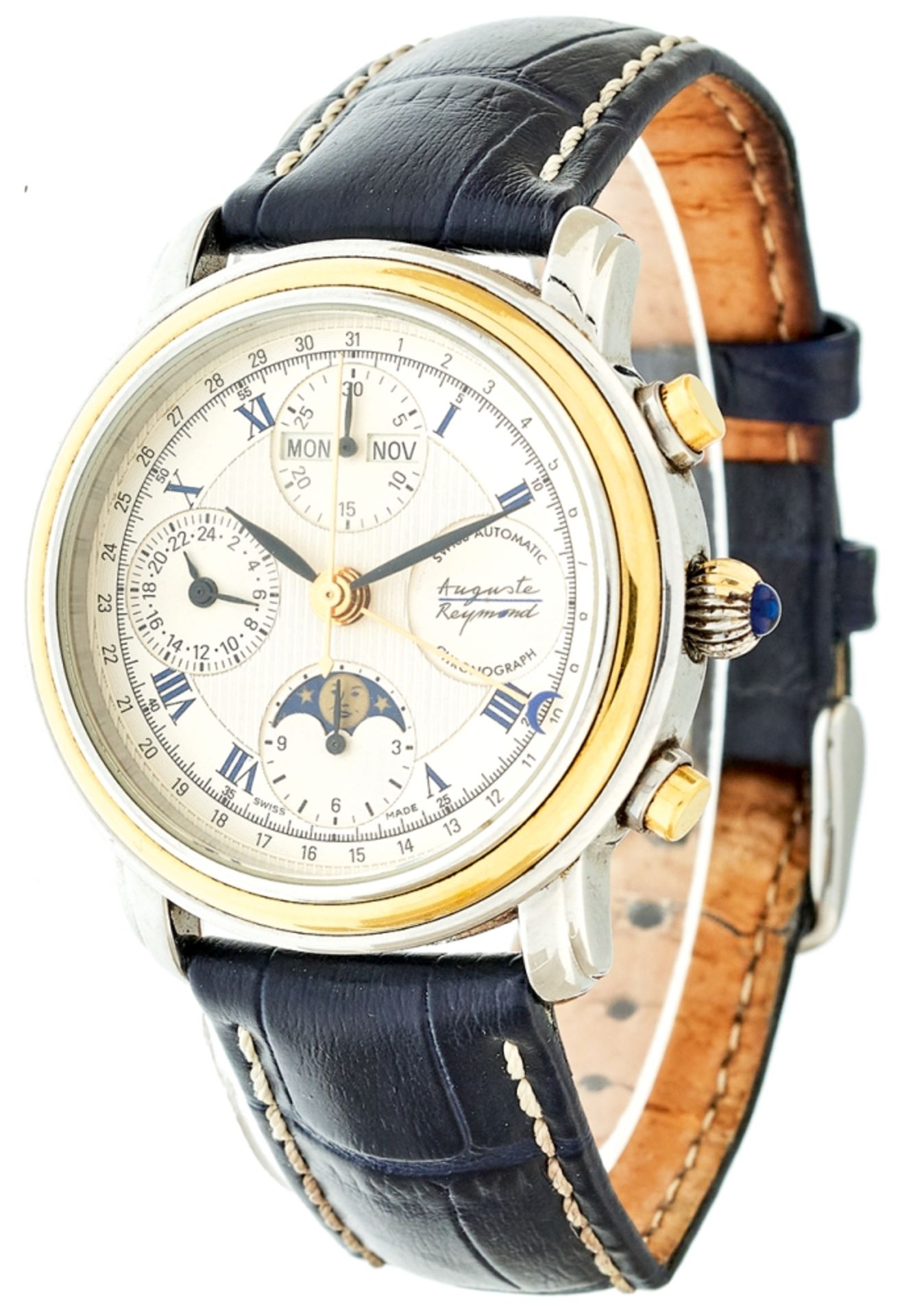 Auguste Reymond gentlemen chronograph. Ca. 38 mm, high-grade steel, transparent back, automatic.