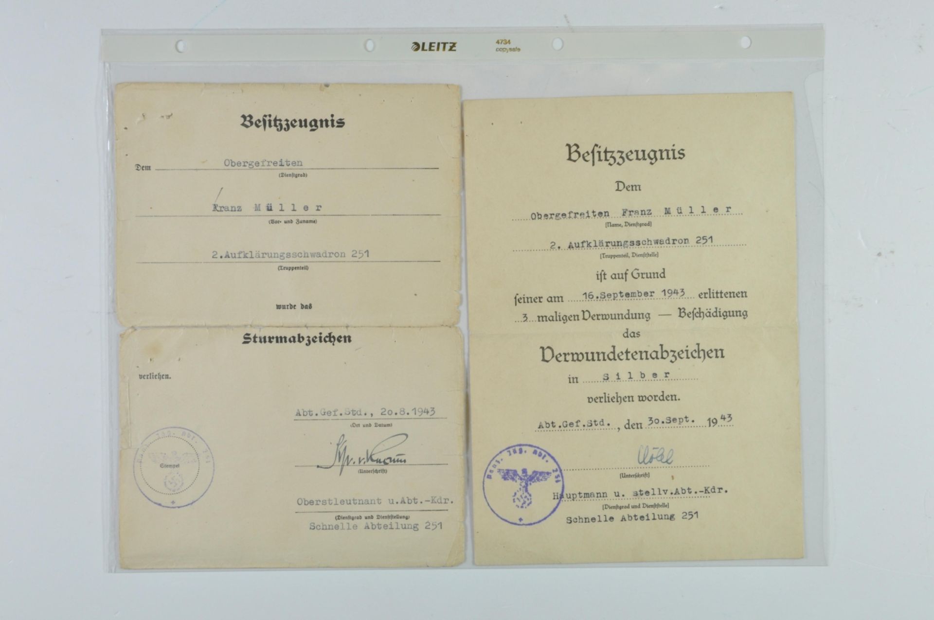 Urkunden-Nachlass eines Angehörigen des 2.Aufkl.Schw./Schnelle Abt. 251 mit Verleihungsurkunde Eiser - Bild 2 aus 4