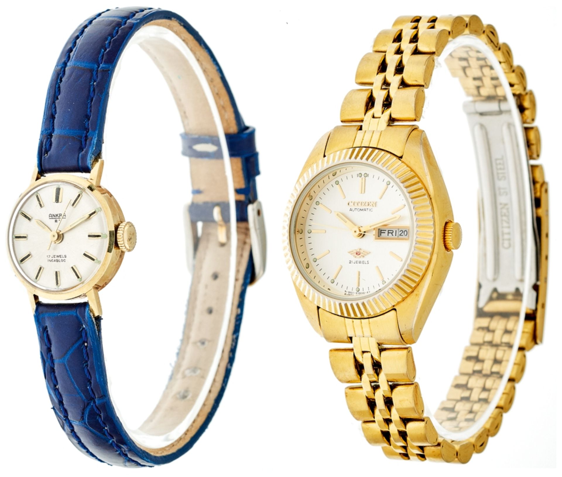 Two dainty ladies watches. Citizen high-grade steel, approximate 26 mm, automatic. Golden case,