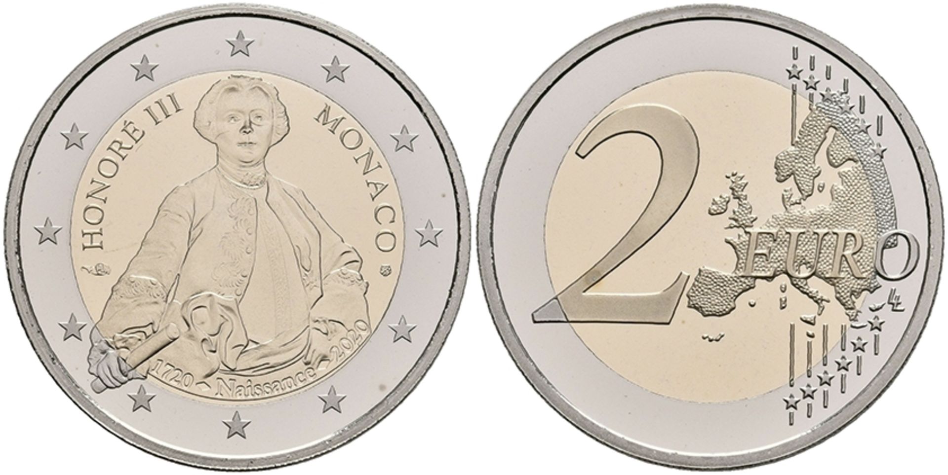 2 Euro, 2020, 300. Geburtstag von Fürst Honoré III., mit Zertifikat in Ausgabeschatulle, PP.