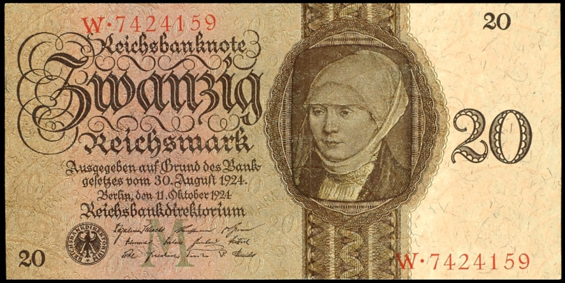 20 Reichsmark 11.10.1924, KN 7-stellig, Udr.-Bst. M/Serie W7424159, Ro. 169, Erh. II-III.