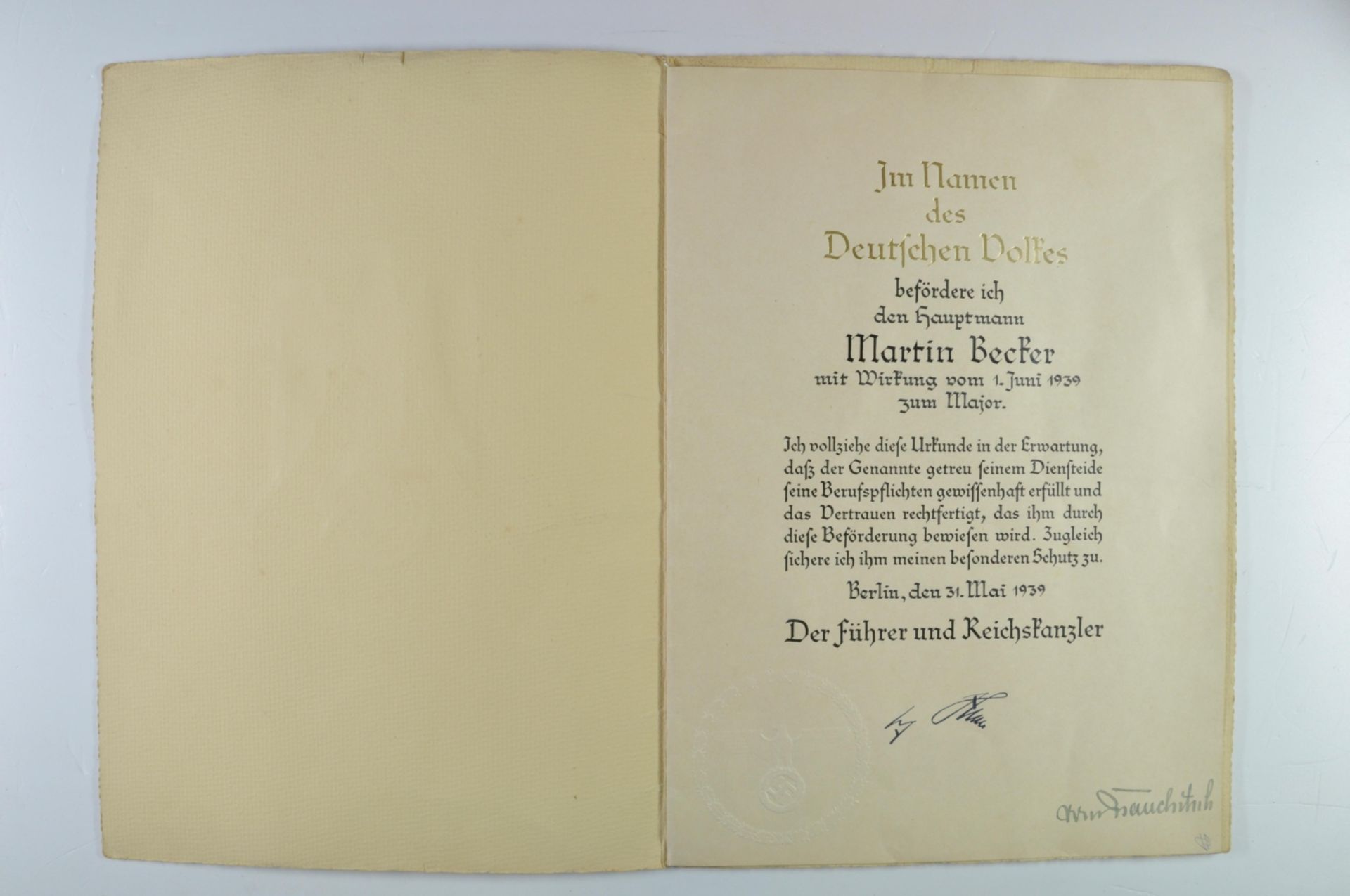 Beförderungsurkunde eines Hauptmanns zum Major, datiert Berlin den 31. Mai 1939, mit Originaluntersc