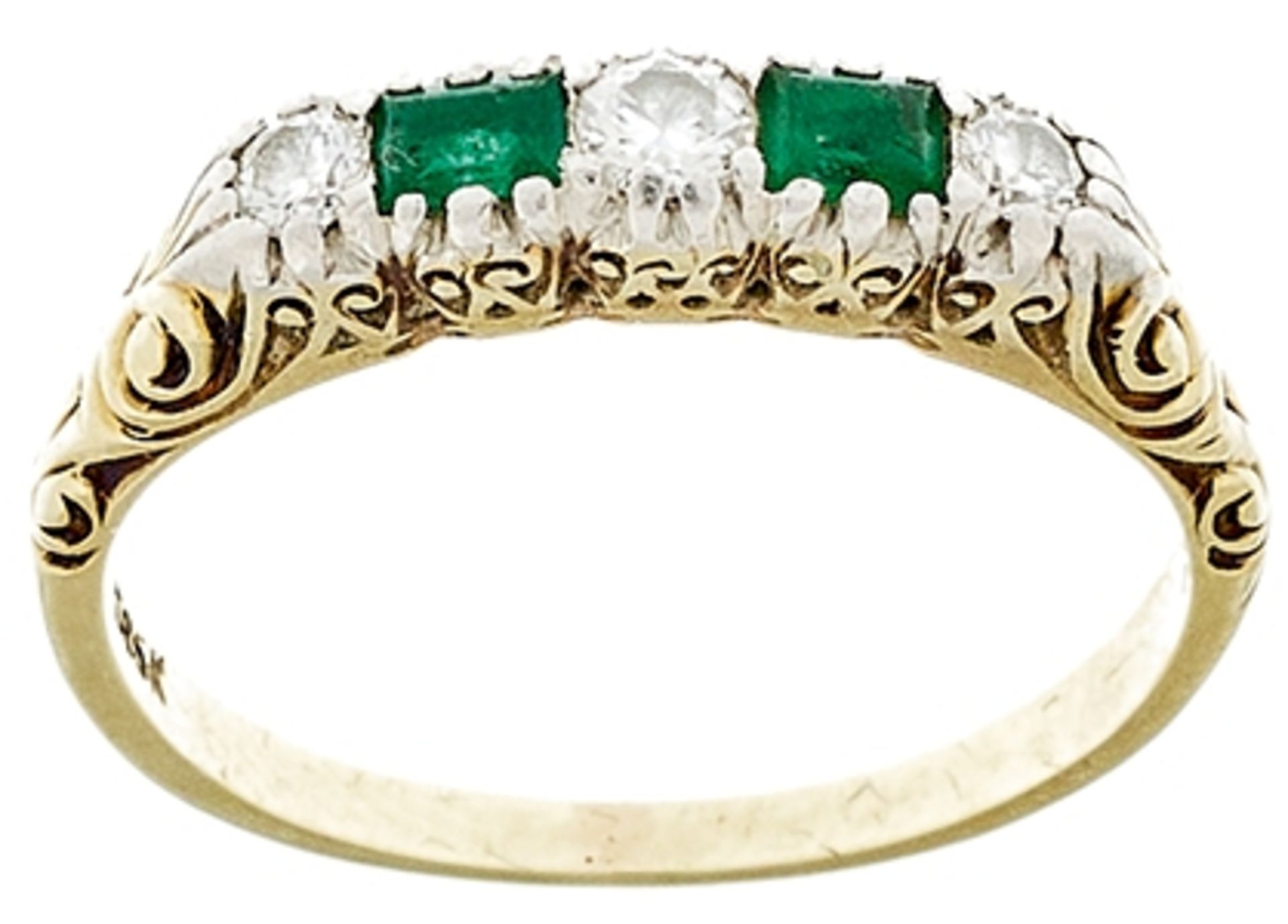 Farbstein Brillant Ring, 585 Gelbgold, 3,4g, zwei Smaragde in Baguette-Schliff ca. 0,26ct, Brillante