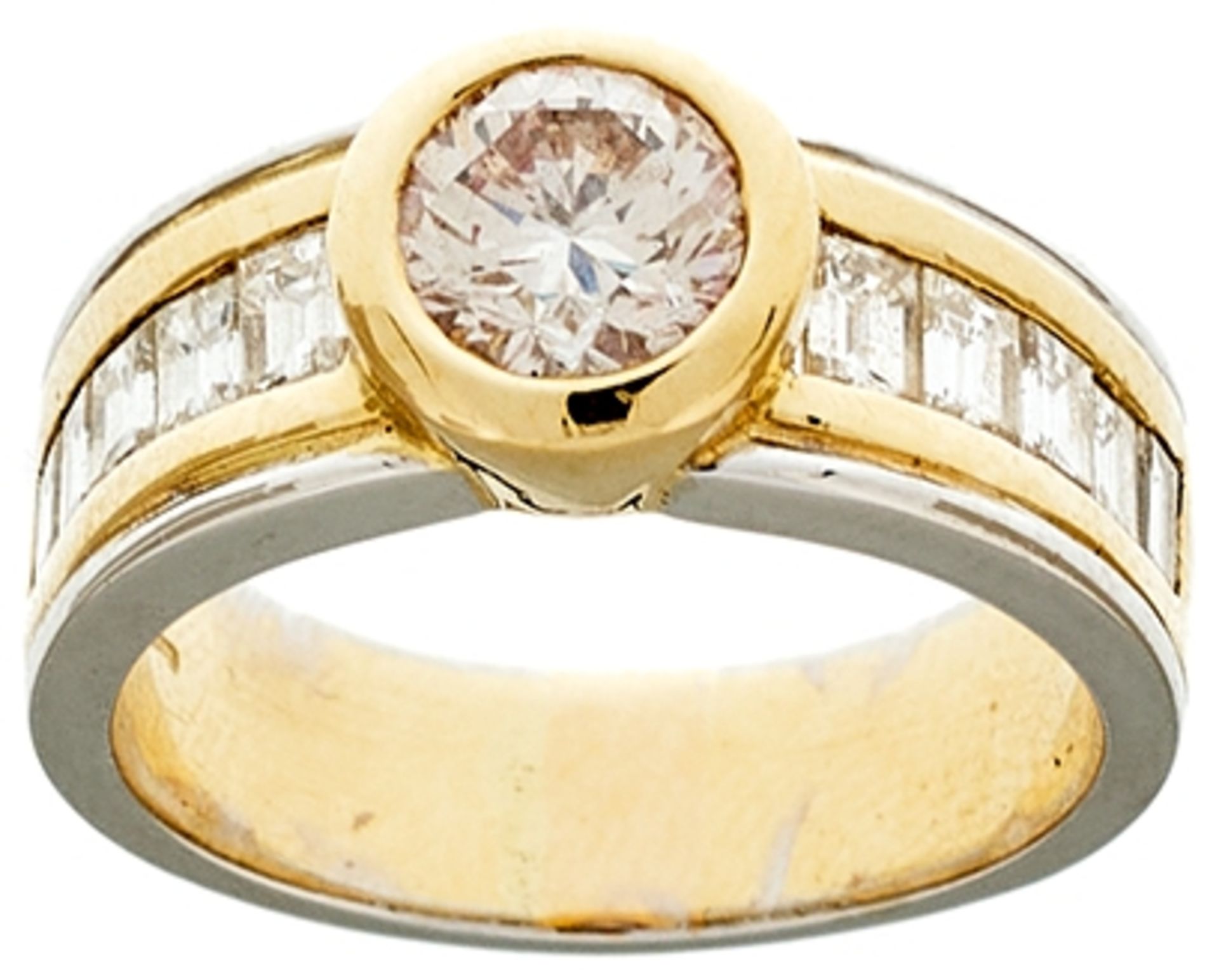 Brillant Solitär Ring, 750 Gelb- und Weißgold, ein Brillant in Rund Schliff ca. 1,5 ct, Brillanten i