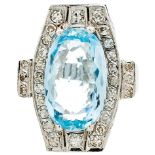 Aquamarin Diamanten Ring, 900 Platin, Diamanten in Brillanten-Schliff von zus. 0,95ct, Aquamarin in