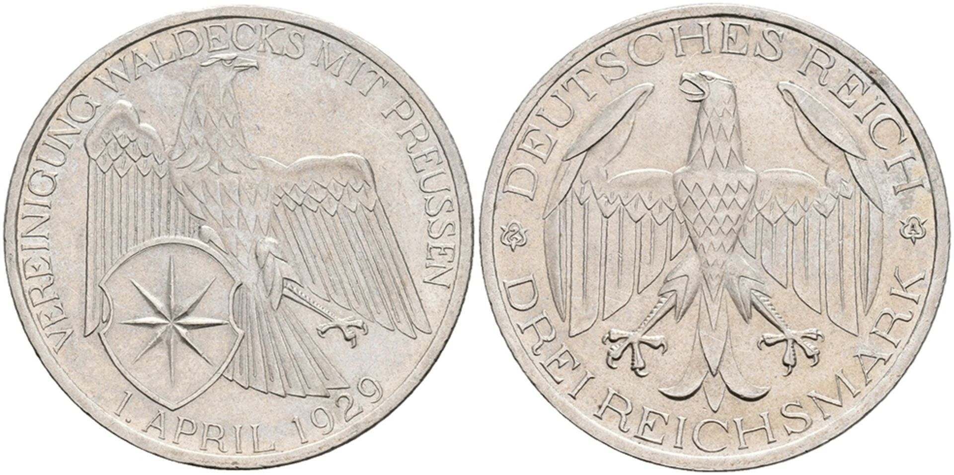 3 Reichsmark, 1929, Waldeck, kl. Kr., kl. Rf., vz. J. 337