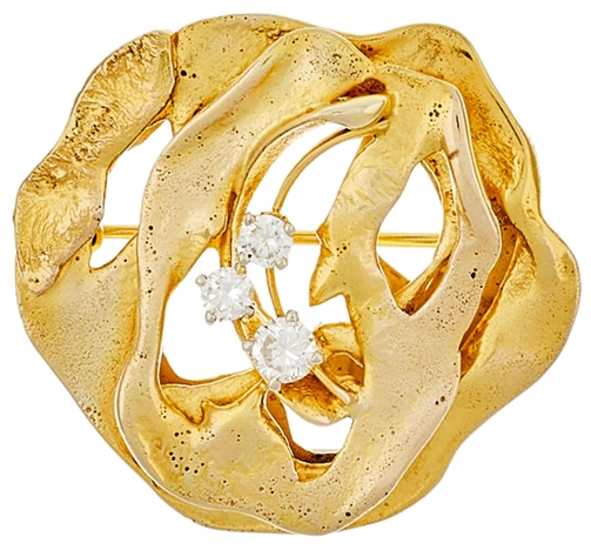 Designer Brillanten Brosche, 585 Gelbgold, 2,6x 2,9cm,11,2g, 3 Brillanten von zus. 0,30ct.