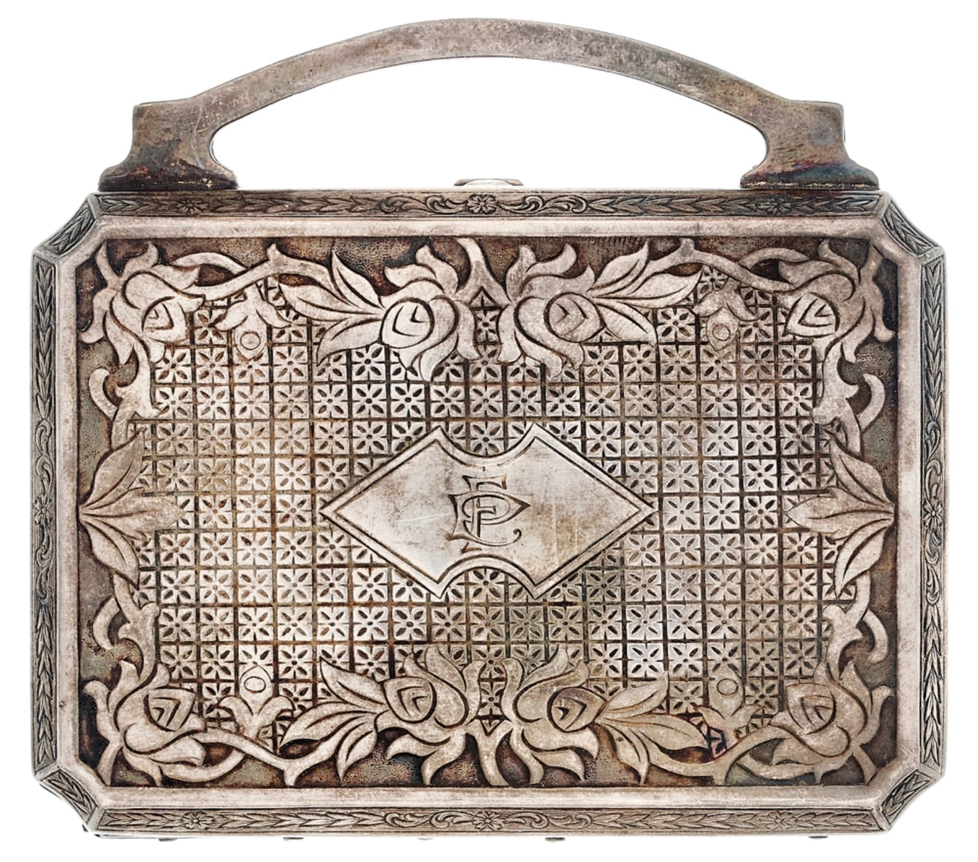 Decorative make-up case in the shape of a bag with floral decor and the initials \\FP\\ and \\