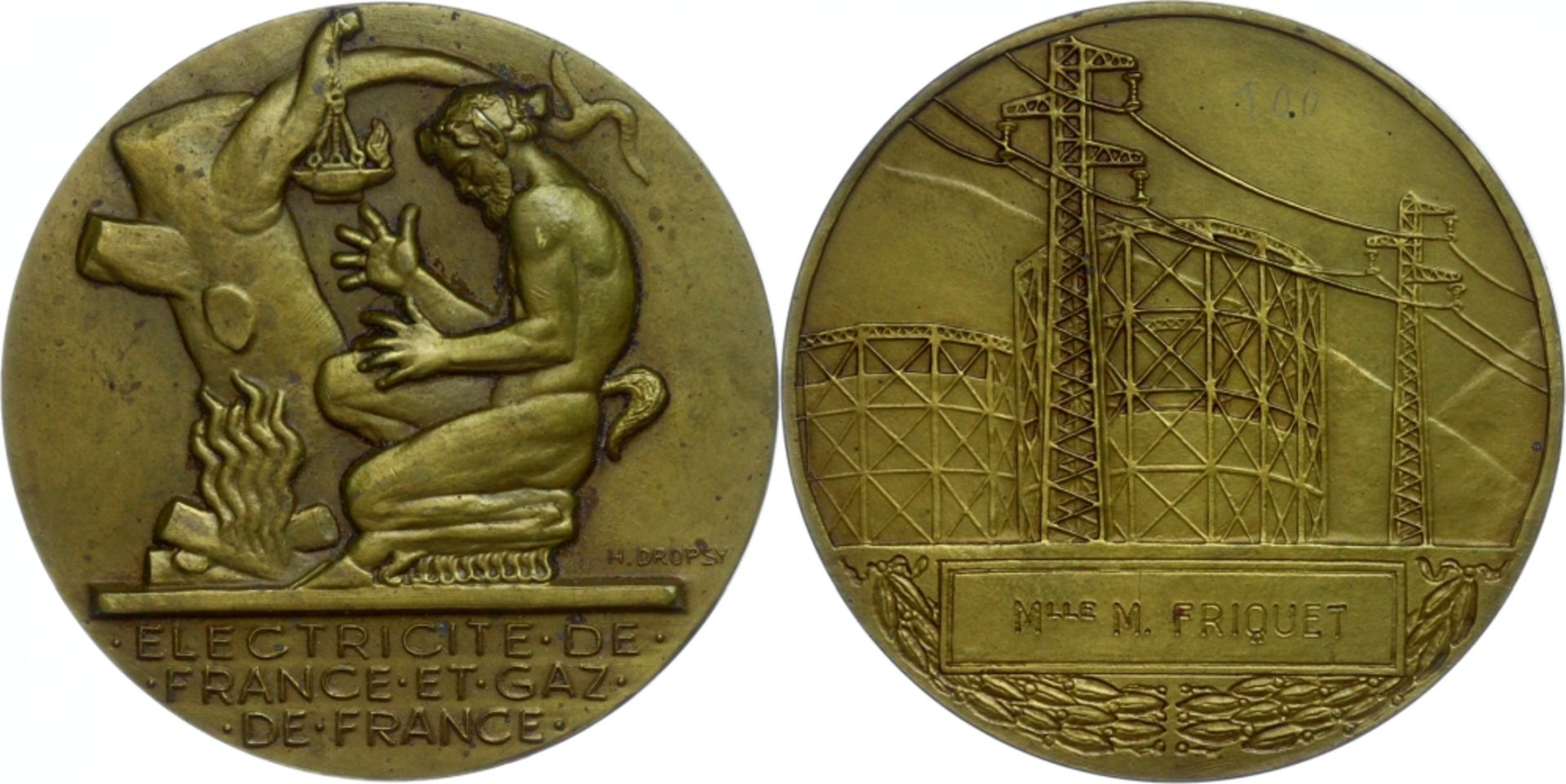 Frankreich, Bronzemedaille (Dm. ca. 55mm, ca. 72,34g), o.J., von H. Dropsy. Av: Kniender Pan vor Feu