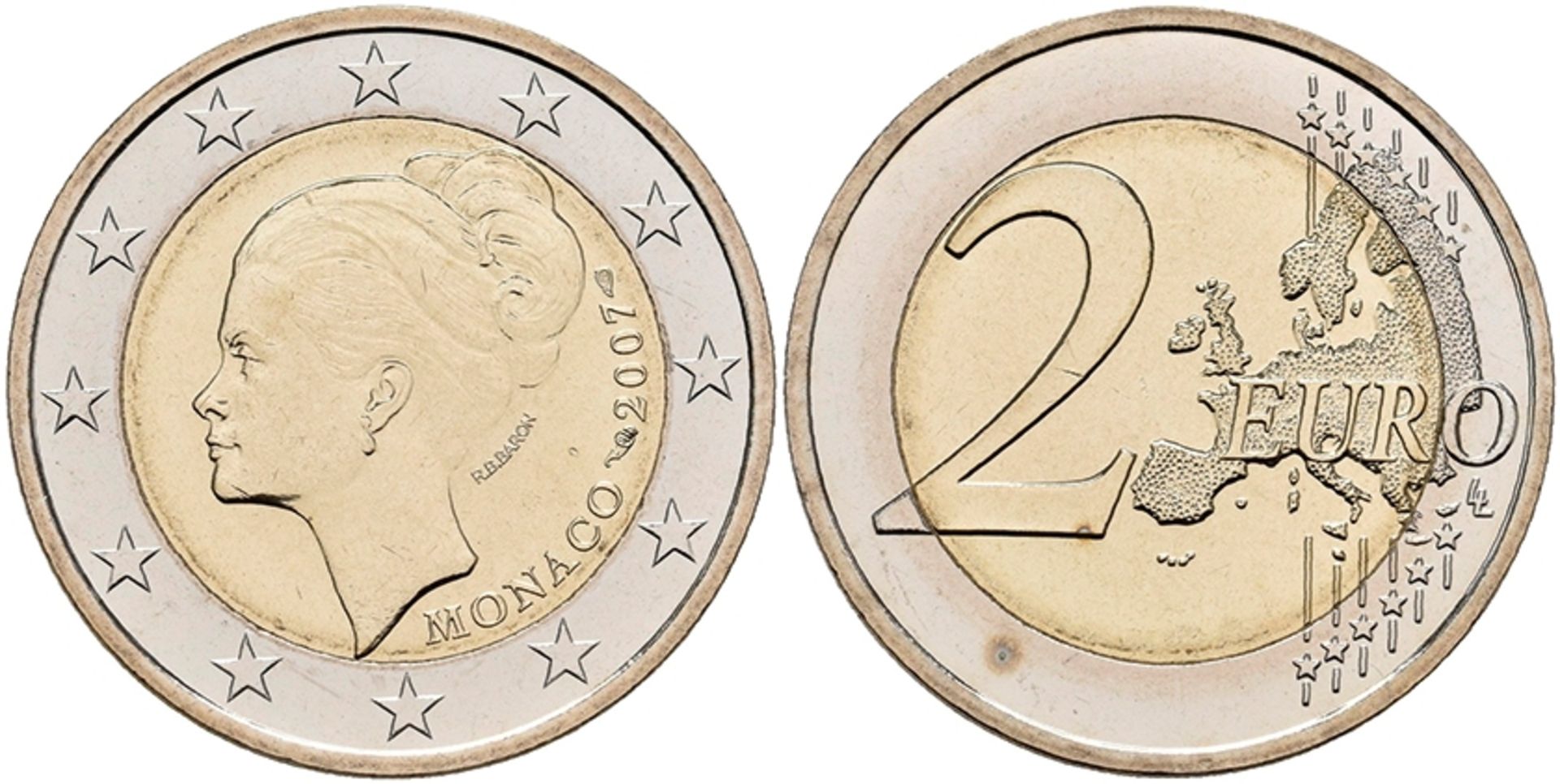 2 Euro, 2007, Grace Patricia Kelly zum 25. Todestag, KM 186, in Ausgabeschatulle, kl. Flecken, vz-st